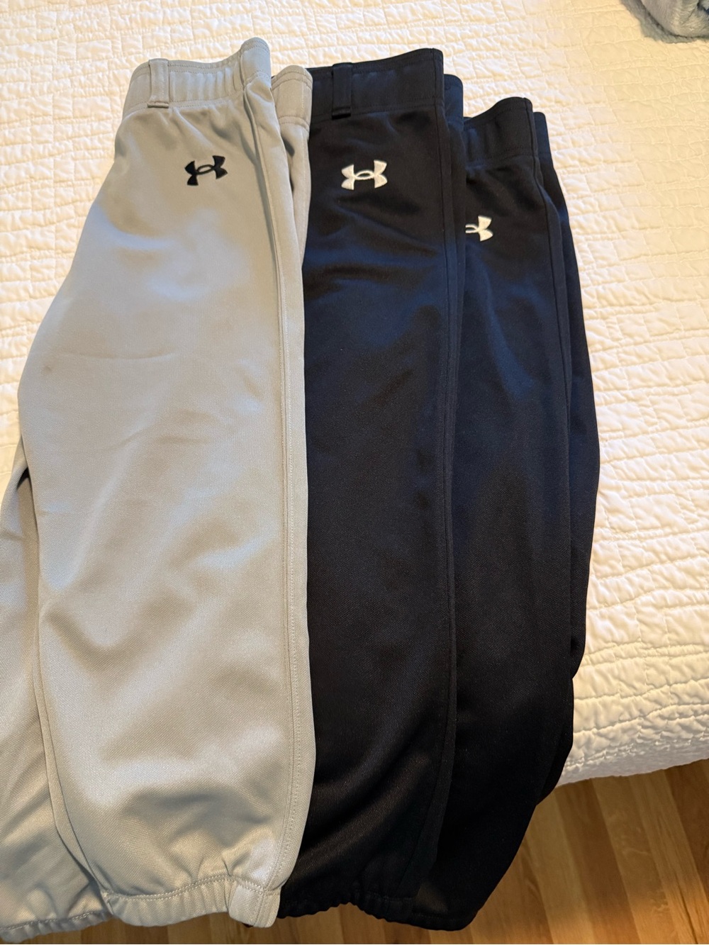 Lot of THREE: Under Armour Kids' Baseball Pants - 2 Black & 1 Light Gray